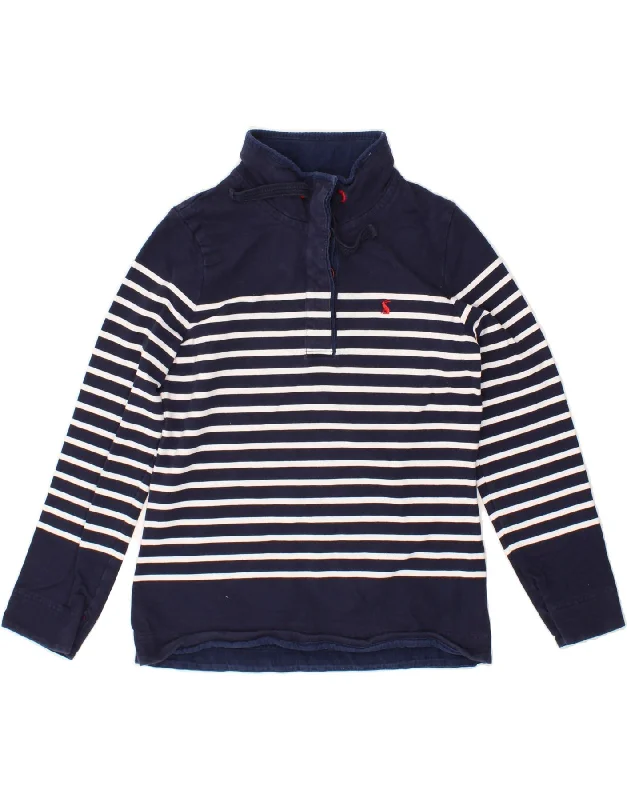 JOULES Womens Button Neck Sweatshirt Jumper UK 12 Medium Navy Blue Striped Hoodie with Set-In Sleeves Structured Classic