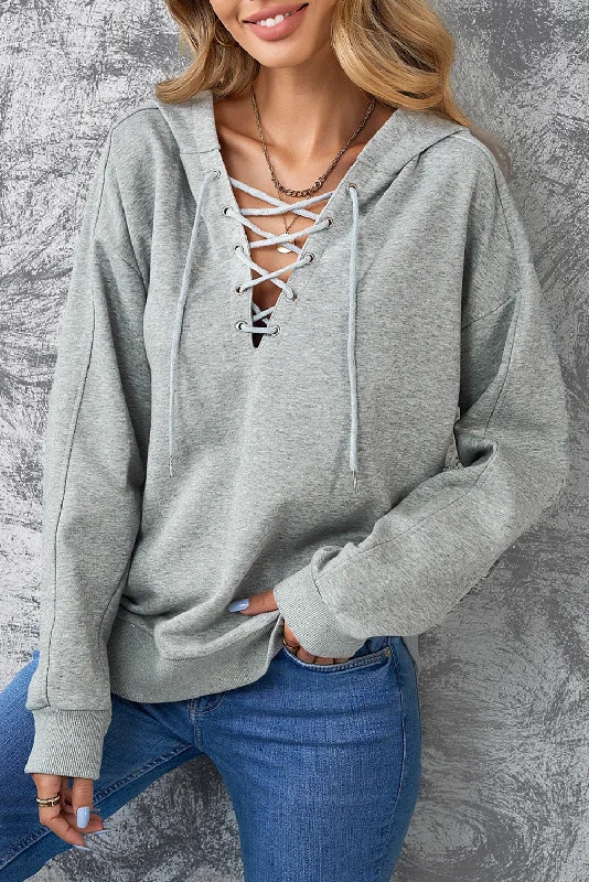 Lace-Up Dropped Shoulder Hoodie Hoodie with Rhinestones Sparkly Elegant