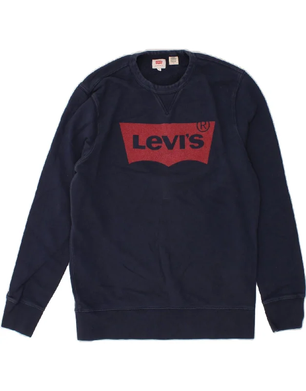 LEVI'S Womens Graphic Sweatshirt Jumper UK 16 Large Navy Blue Cotton Hoodie with Drawcord Adjustable Secure