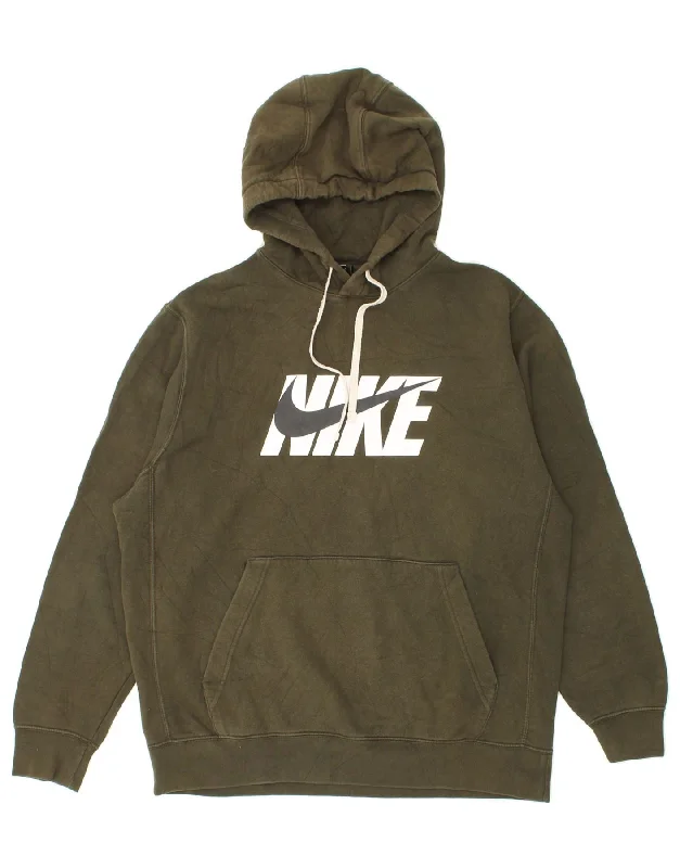 NIKE Mens Graphic Hoodie Jumper Large Khaki Cotton