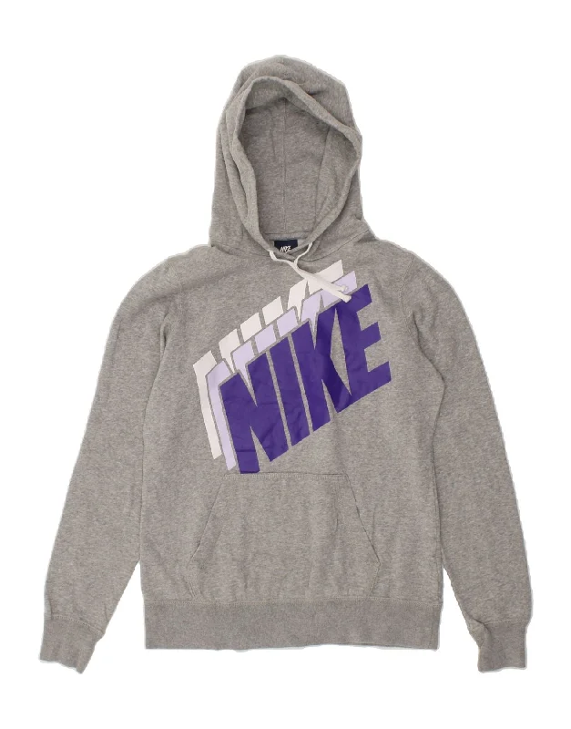 NIKE Womens Hoodie Jumper UK 14 Medium Grey Cotton Cotton Hoodie Fleece Lining Warmth