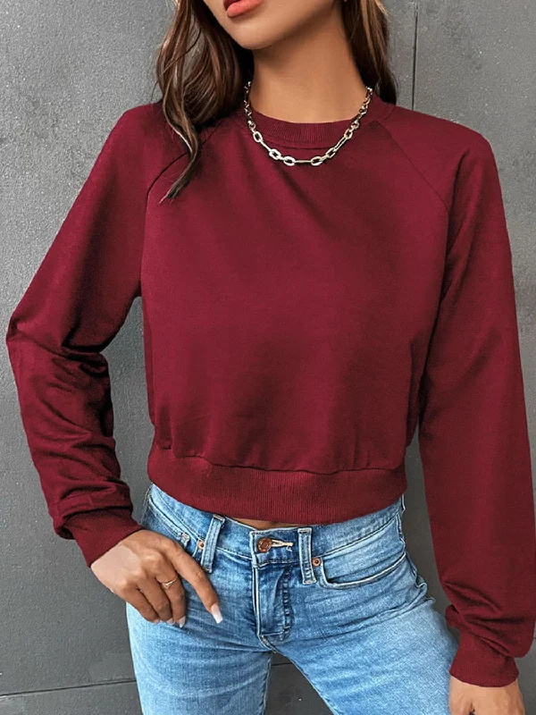 Perfee Raglan Sleeve Round Neck Cropped Sweatshirt Hoodie with Hidden Zipper Minimalist Clean Perfee Raglan Sleeve Round Neck Cropped Sweatshirt Hoodie with Hidden Zipper Minimalist Clean