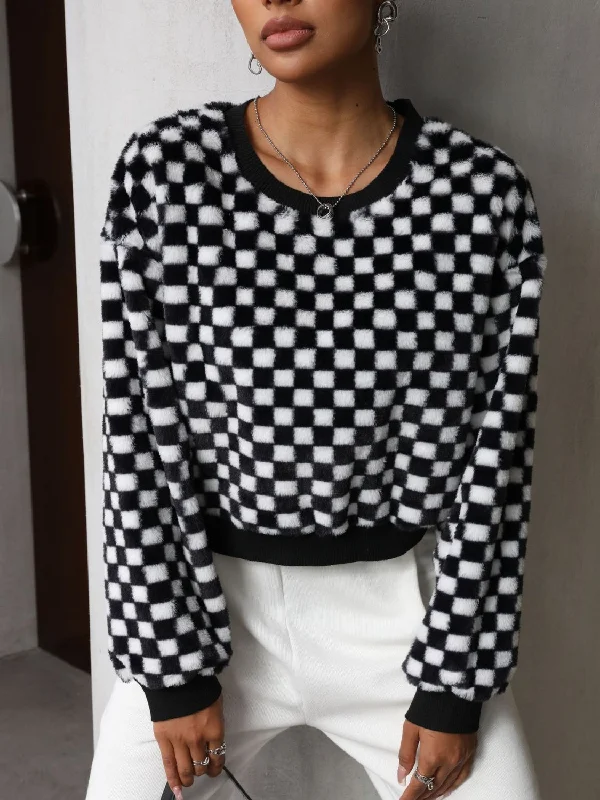 Plaid Round Neck Long Sleeve Sweatshirt Hoodie with Hem Frayed Vintage Worn