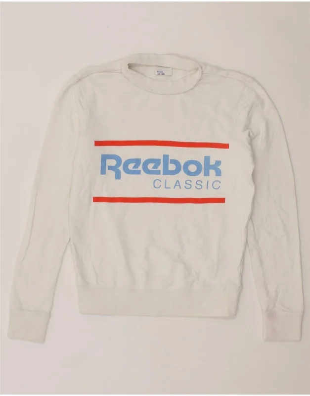 REEBOK Womens Oversized Graphic Sweatshirt Jumper UK 0/2 2XS White Cotton Hoodie with Hem Raw Edge Edgy Unfinished