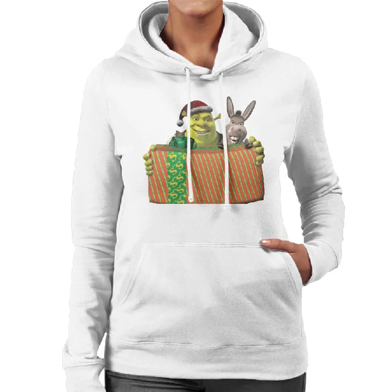 Shrek Christmas Shrek And Donkey Festive Box Women's Hooded Sweatshirt Hoodie with Typography Text Message