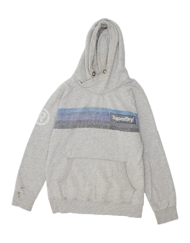 SUPERDRY Mens Hoodie Jumper 2XL Grey Flecked Cotton Hoodie with Puffed Sleeves Voluminous Trendy