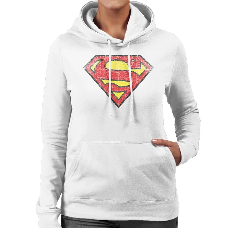 Superman Faded Logo Women's Hooded Sweatshirt Hoodie with Frayed Bohemian Relaxed