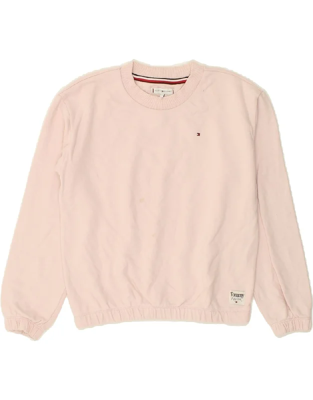 TOMMY HILFIGER Girls Sweatshirt Jumper 13-14 Years Pink Cotton Hoodie with Front Slit Layering Stylish
