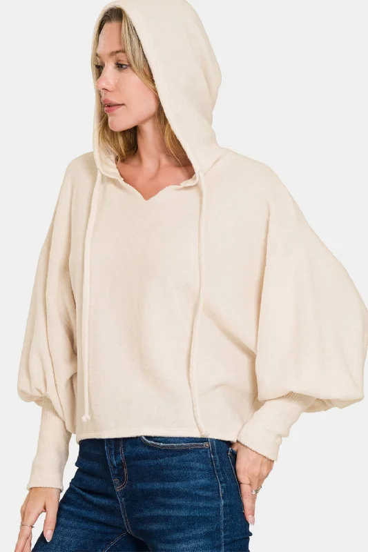 Zenana Brushed Hacci Drop Shoulder Cropped Hoodie Hoodie with Hem Detail Decorative Unique