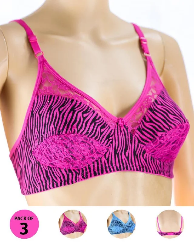 Pack of 3 Madam Bra - N3 - Non Padded Bra - Non Wired Bra Floral Lace Bra