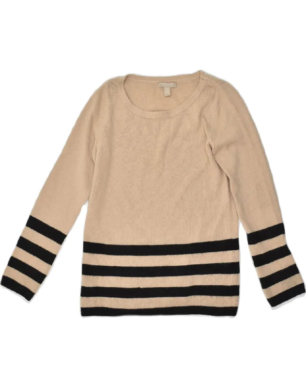 BANANA REPUBLIC Womens Crew Neck Jumper Sweater UK 14 Large Beige Striped Beaded Sweater Sequined Faux Fur
