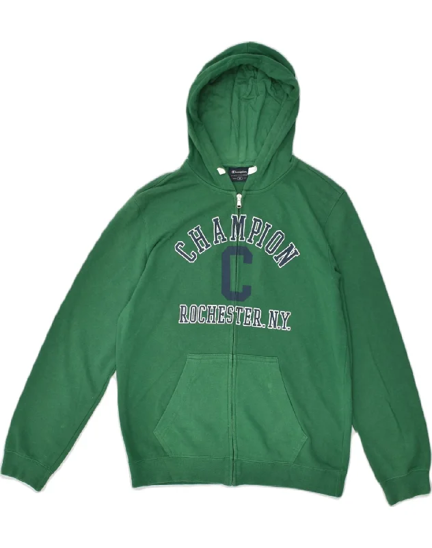 CHAMPION Womens Graphic Zip Hoodie Sweater UK 12 Medium Green Cotton Stretchy Elastic Breathable