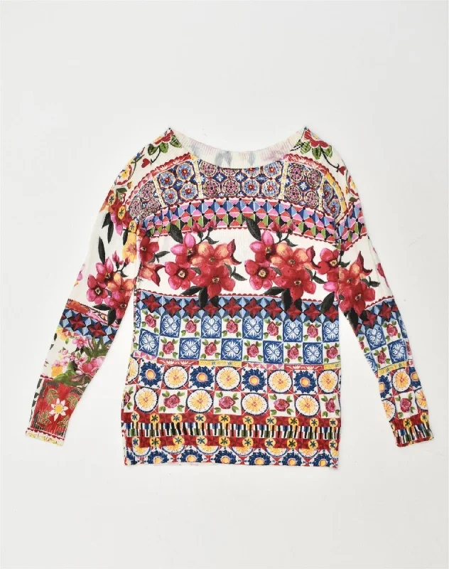 DESIGUAL Womens Boat Neck Jumper Sweater UK 8 Small Multicoloured Floral Cashmere Blend Cotton Blend Poly Blend DESIGUAL Womens Boat Neck Jumper Sweater UK 8 Small Multicoloured Floral Cashmere Blend Cotton Blend Poly Blend
