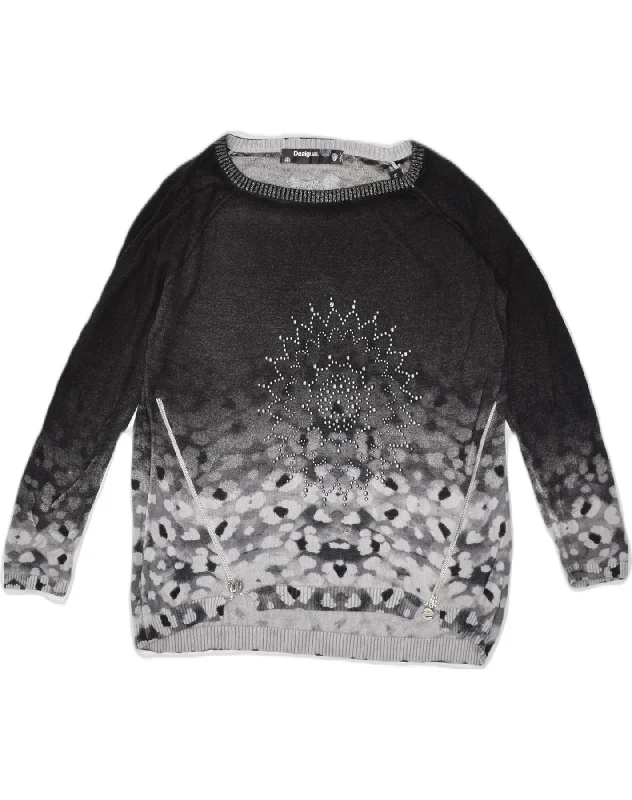 DESIGUAL Womens Graphic Boat Neck Jumper Sweater UK 12 Medium Grey Tie Dye Real Fur Shearling Chenille