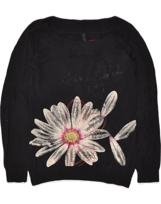DESIGUAL Womens Graphic Boat Neck Jumper Sweater UK 14 Medium Black Floral Slim Fit Regular Fit Oversized DESIGUAL Womens Graphic Boat Neck Jumper Sweater UK 14 Medium Black Floral Slim Fit Regular Fit Oversized