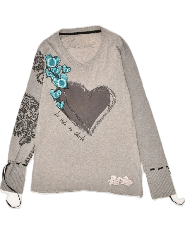 DESIGUAL Womens Graphic V-Neck Jumper Sweater UK 12 Medium Grey Heart Denim Fabric Leather Fabric Suede Fabric DESIGUAL Womens Graphic V-Neck Jumper Sweater UK 12 Medium Grey Heart Denim Fabric Leather Fabric Suede Fabric