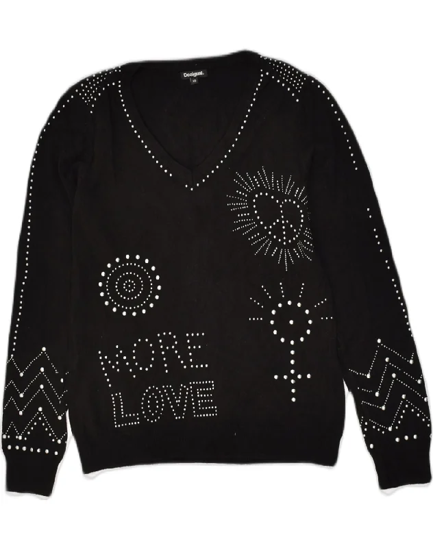 DESIGUAL Womens V-Neck Jumper Sweater UK 6 XS Black Patchwork Viscose Zippered Buttoned Snapped DESIGUAL Womens V-Neck Jumper Sweater UK 6 XS Black Patchwork Viscose Zippered Buttoned Snapped