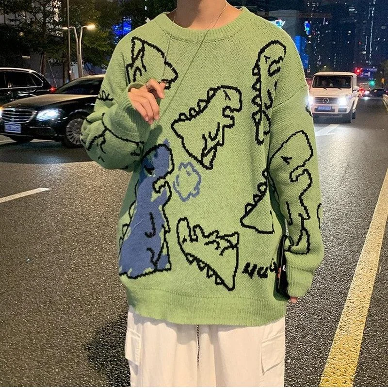 Dinosaur Knitted Sweater Turtle Neck Boat Neck Asymmetrical Neck