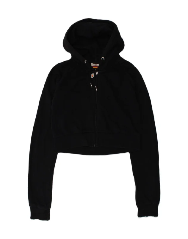 ELLESSE Womens Crop Zip Hoodie Sweater UK 8 Small Black Cotton Toggled Drawstring Belted ELLESSE Womens Crop Zip Hoodie Sweater UK 8 Small Black Cotton Toggled Drawstring Belted