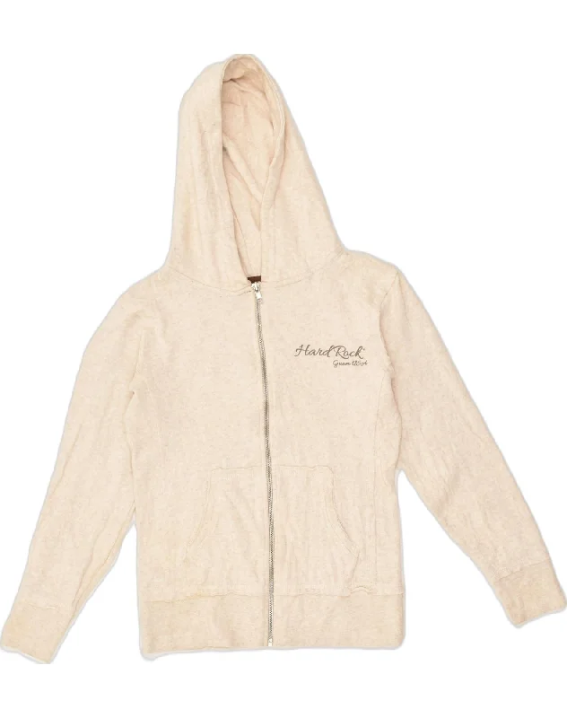 HARD ROCK CAFE Womens Graphic Zip Hoodie Sweater UK 4 XS Beige Cotton Solid Print Embellished HARD ROCK CAFE Womens Graphic Zip Hoodie Sweater UK 4 XS Beige Cotton Solid Print Embellished