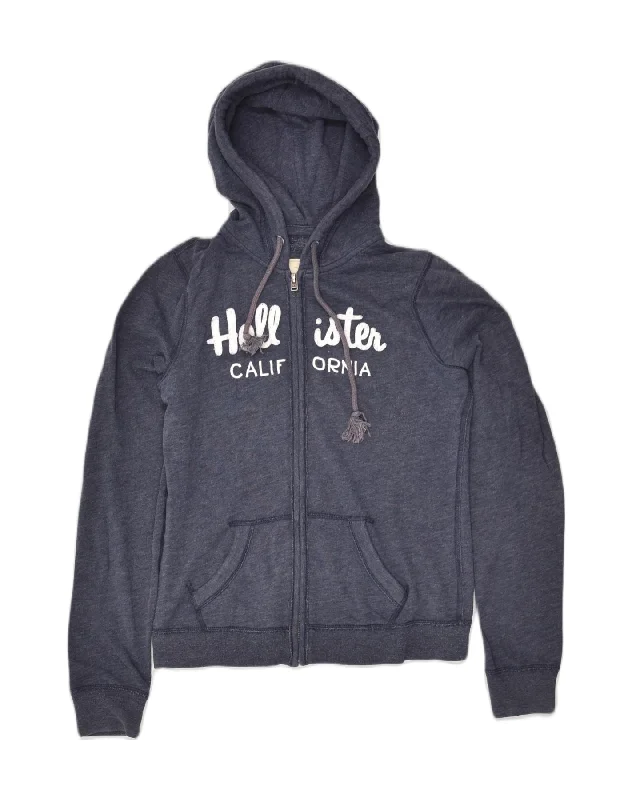 HOLLISTER Womens Graphic Zip Hoodie Sweater UK 12 Medium Grey Cotton Ribbed Striped Patterned
