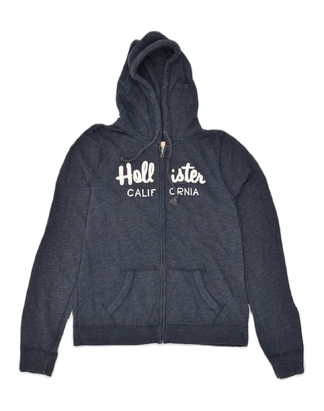 HOLLISTER Womens Graphic Zip Hoodie Sweater UK 14 Large Navy Blue Cotton Sequined Glittery Shiny HOLLISTER Womens Graphic Zip Hoodie Sweater UK 14 Large Navy Blue Cotton Sequined Glittery Shiny