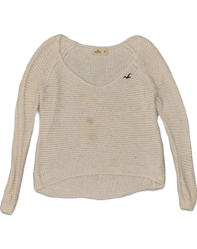 HOLLISTER Womens V-Neck Jumper Sweater UK 14 Medium Off White Cotton Fitted Slim Tailored HOLLISTER Womens V-Neck Jumper Sweater UK 14 Medium Off White Cotton Fitted Slim Tailored