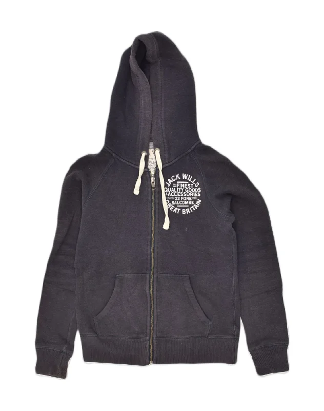 JACK WILLS Womens Graphic Zip Hoodie Sweater UK 8 Small Navy Blue Cotton Elegant Classic Vintage
