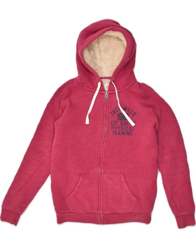 JACK WILLS Womens Sherpa Graphic Zip Hoodie Sweater UK 10 Small  Pink Embroidered Appliqued Beaded