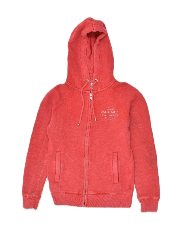 JACK WILLS Womens Zip Hoodie Sweater UK 12 Medium Red Cotton Striped Floral Plaid