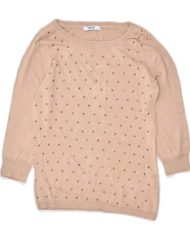 LIU JO Womens 3/4 Sleeve Crew Neck Jumper Sweater UK 10 Small Beige Solid Color Striped Floral Print LIU JO Womens 3/4 Sleeve Crew Neck Jumper Sweater UK 10 Small Beige Solid Color Striped Floral Print