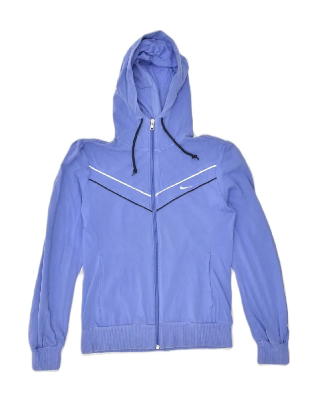 NIKE Womens Zip Hoodie Sweater UK 12/14 Medium Blue Cotton Solid Print Embellished