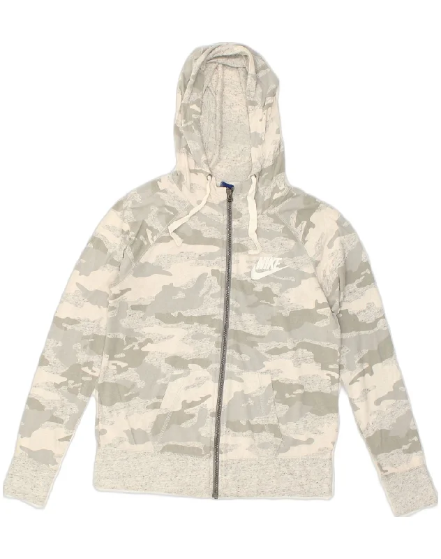 NIKE Womens Zip Hoodie Sweater UK 12 Medium Grey Camouflage Cotton Elegant Classic Vintage NIKE Womens Zip Hoodie Sweater UK 12 Medium Grey Camouflage Cotton Elegant Classic Vintage