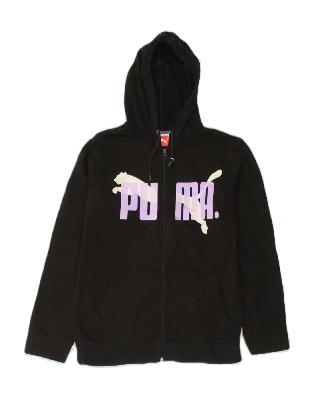 PUMA Womens Graphic Zip Hoodie Sweater UK 10 Small Black Chenille Brocade Lace