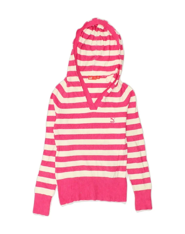 PUMA Womens Hooded V-Neck Jumper Sweater UK 12 Medium Pink Striped Viscose Long Sweater Short Sweater Cropped Sweater
