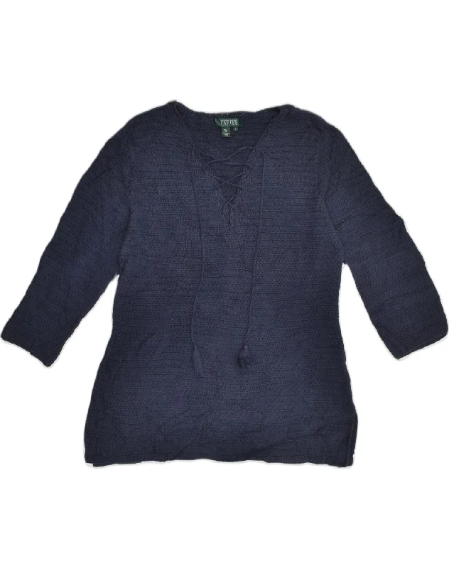 RALPH LAUREN Womens 3/4 Sleeve V-Neck Jumper Sweater UK 14 Large Navy Blue Wool Fabric Cashmere Fabric Tweed Fabric RALPH LAUREN Womens 3/4 Sleeve V-Neck Jumper Sweater UK 14 Large Navy Blue Wool Fabric Cashmere Fabric Tweed Fabric