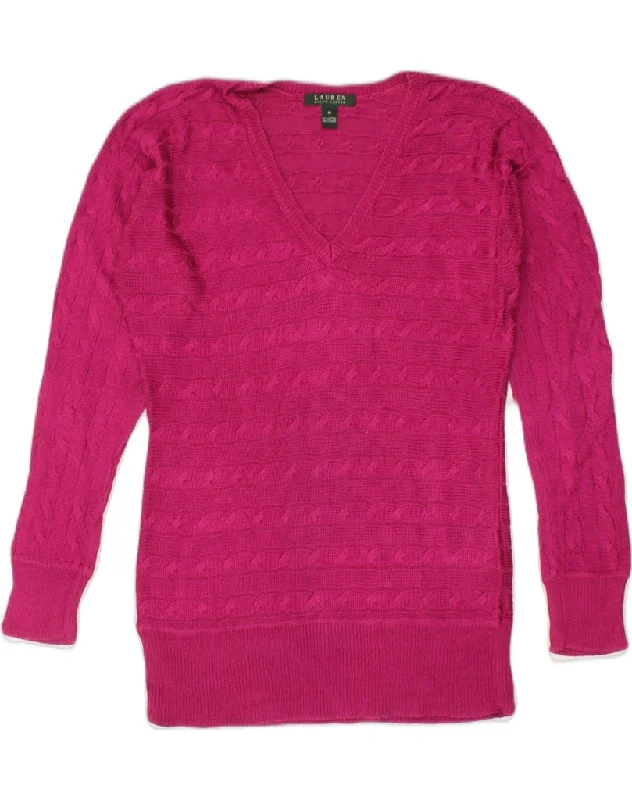 RALPH LAUREN Womens V-Neck Jumper Sweater UK 14 Medium Pink Cotton Satin Fabric Silk Fabric Chiffon Fabric RALPH LAUREN Womens V-Neck Jumper Sweater UK 14 Medium Pink Cotton Satin Fabric Silk Fabric Chiffon Fabric