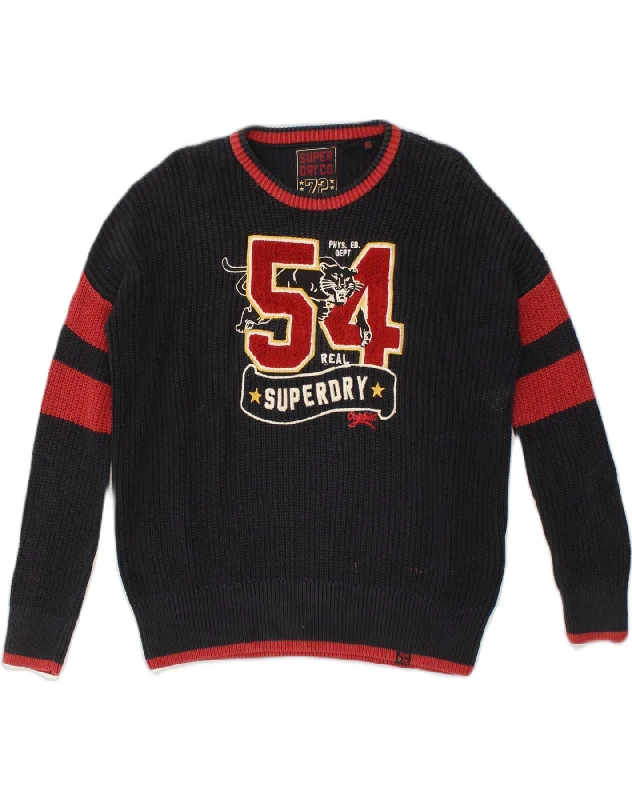 SUPERDRY Womens Graphic Crew Neck Jumper Sweater UK 12 Medium Navy Blue Zippered Buttoned Snapped SUPERDRY Womens Graphic Crew Neck Jumper Sweater UK 12 Medium Navy Blue Zippered Buttoned Snapped