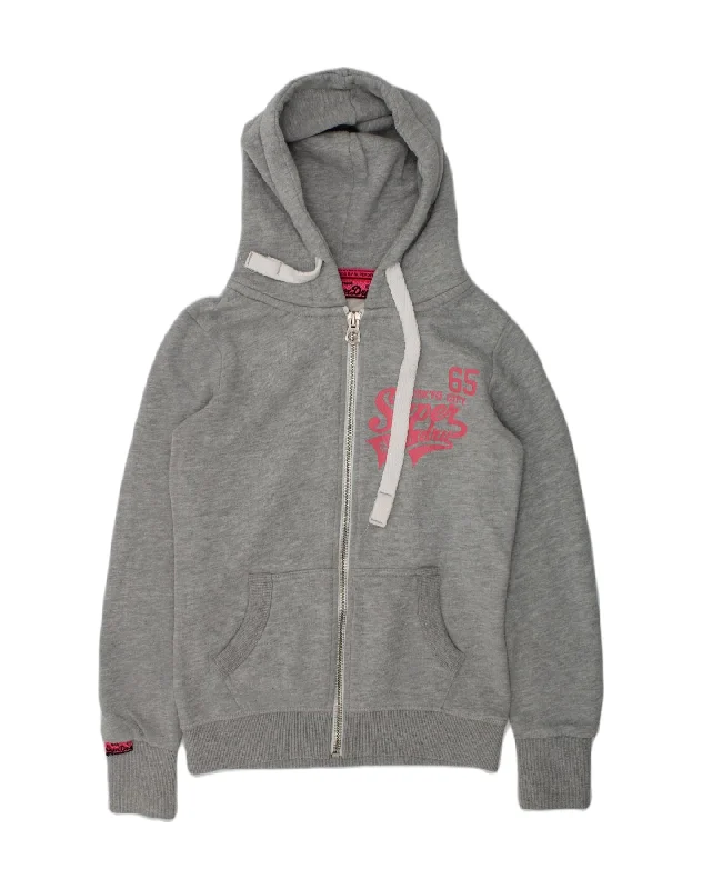 SUPERDRY Womens Graphic Zip Hoodie Sweater UK 0 2XS Grey Cotton Front Pockets Side Pockets Patch Pockets SUPERDRY Womens Graphic Zip Hoodie Sweater UK 0 2XS Grey Cotton Front Pockets Side Pockets Patch Pockets