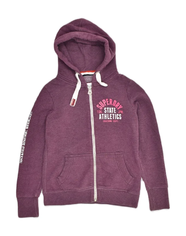 SUPERDRY Womens Graphic Zip Hoodie Sweater UK 12 Medium Purple Cotton Beaded Sweater Sequined Faux Fur SUPERDRY Womens Graphic Zip Hoodie Sweater UK 12 Medium Purple Cotton Beaded Sweater Sequined Faux Fur