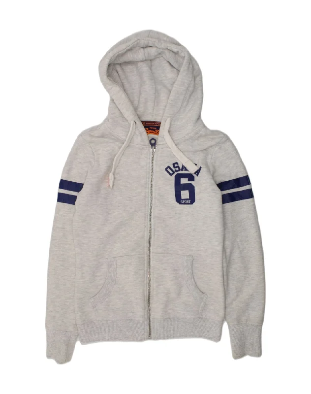 SUPERDRY Womens Graphic Zip Hoodie Sweater UK 6 XS Grey Cotton Welt Pockets Slit Pockets Flap Pockets SUPERDRY Womens Graphic Zip Hoodie Sweater UK 6 XS Grey Cotton Welt Pockets Slit Pockets Flap Pockets