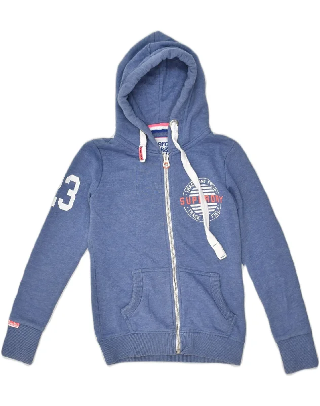 SUPERDRY Womens Zip Hoodie Sweater UK 6 XS Blue Cotton Cable Knit Ribbed Knit Lace Knit
