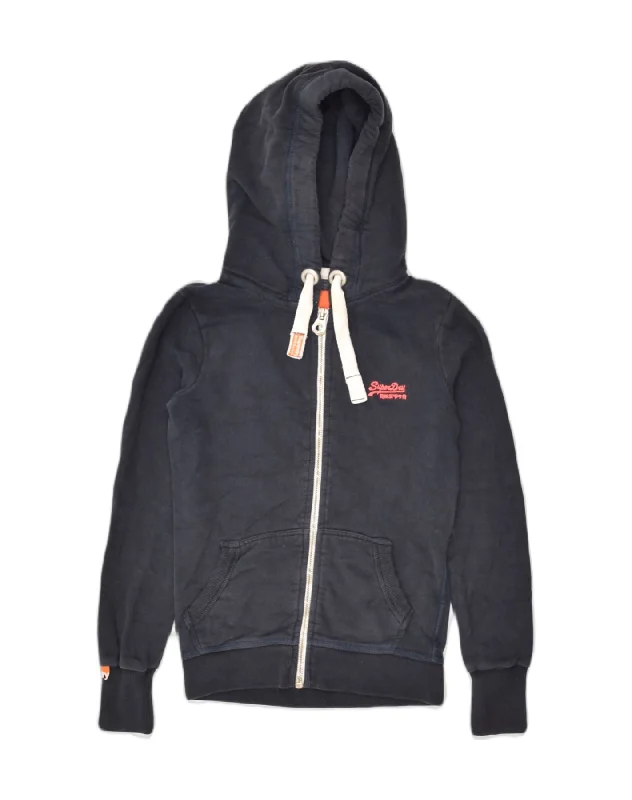 SUPERDRY Womens Zip Hoodie Sweater UK 6 XS Navy Blue Cotton Soft Cozy Warm