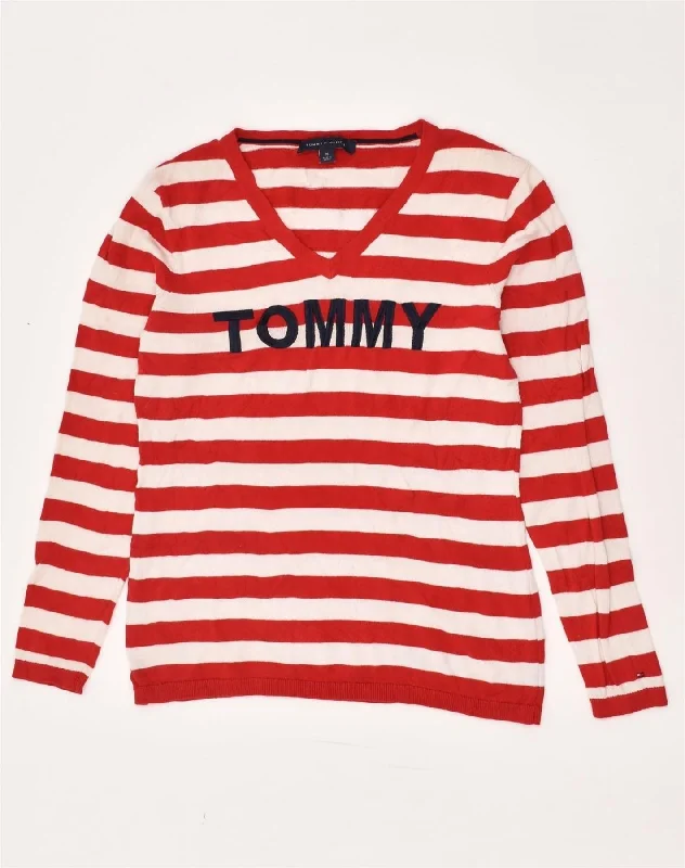 TOMMY HILFIGER Womens Graphic V-Neck Jumper Sweater UK 12 Medium Red Terry Blend Velvet Blend Canvas Blend TOMMY HILFIGER Womens Graphic V-Neck Jumper Sweater UK 12 Medium Red Terry Blend Velvet Blend Canvas Blend