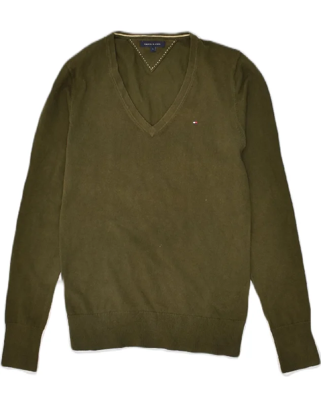 TOMMY HILFIGER Womens V-Neck Jumper Sweater UK 10 Small Khaki Cotton Lace Blend Ribbed Blend Corduroy Blend TOMMY HILFIGER Womens V-Neck Jumper Sweater UK 10 Small Khaki Cotton Lace Blend Ribbed Blend Corduroy Blend