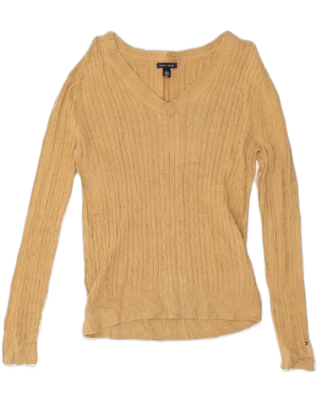 TOMMY HILFIGER Womens V-Neck Jumper Sweater UK 12 Medium Beige Cotton Chenille Blend Fleece Blend Nylon Blend TOMMY HILFIGER Womens V-Neck Jumper Sweater UK 12 Medium Beige Cotton Chenille Blend Fleece Blend Nylon Blend