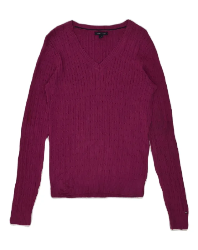 TOMMY HILFIGER Womens V-Neck Jumper Sweater UK 12 Medium Burgundy Cotton Graphic Sweater Embroidered Appliqued TOMMY HILFIGER Womens V-Neck Jumper Sweater UK 12 Medium Burgundy Cotton Graphic Sweater Embroidered Appliqued