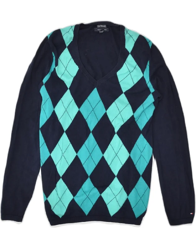 TOMMY HILFIGER Womens V-Neck Jumper Sweater UK 12 Medium Navy Blue Thin Thick Dense