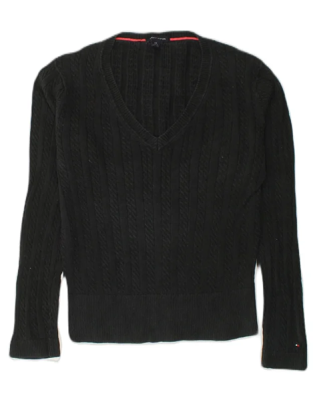 TOMMY HILFIGER Womens V-Neck Jumper Sweater UK 14 Large Black Cotton Hooded Sweater Collared Sweater Shawl Collar
