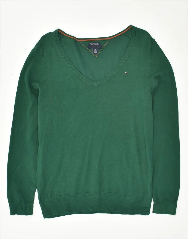 TOMMY HILFIGER Womens V-Neck Jumper Sweater UK 14 Large Green Cotton Ribbed Striped Patterned